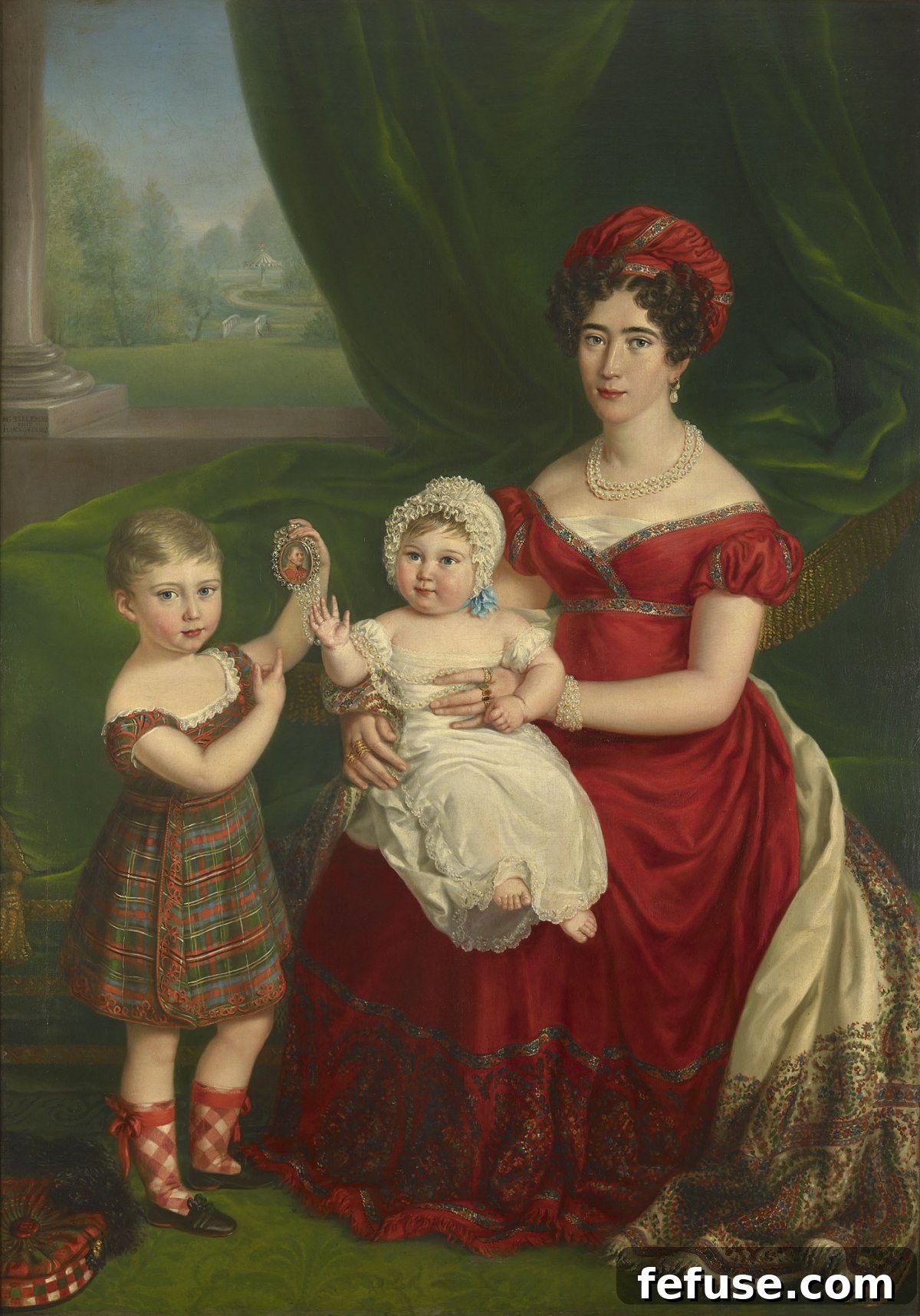 Augusta, Duchess of Cambridge (1797-1889) with her elder children Prince George and Princess Augusta of Cambridge in an 1823 portrait, reflecting the family's early royal lineage and connection to the Cambridge Emeralds.