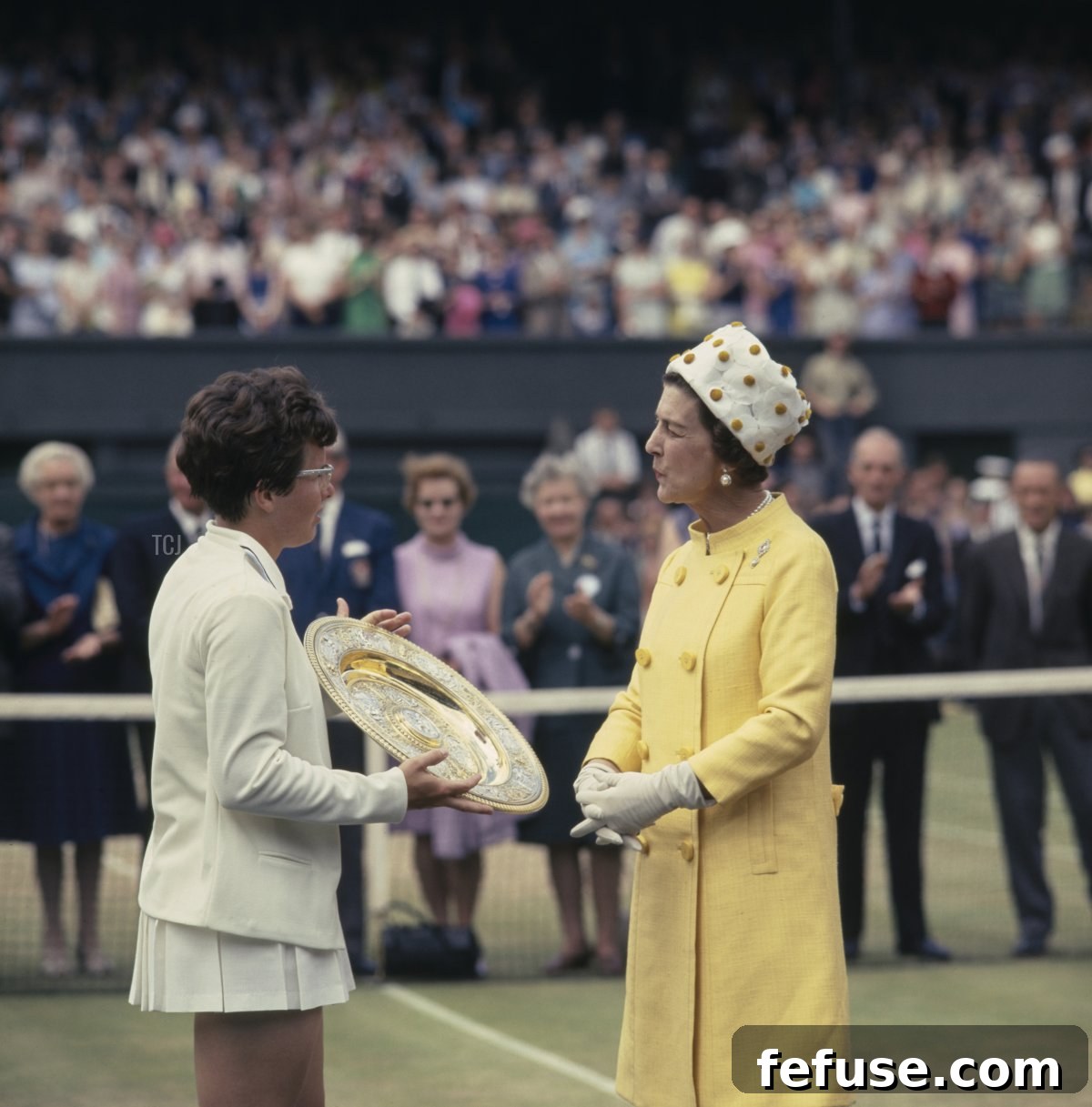 Billie Jean King of the United States is presented with the Venus Rosewater Dish by Princess Marina, Duchess of Kent after defeating Ann Jones at the Women's Singles Final match at the Wimbledon Lawn Tennis Championship on 7th July 1967 at the All England Lawn Tennis and Croquet Club in Wimbledon, London, England