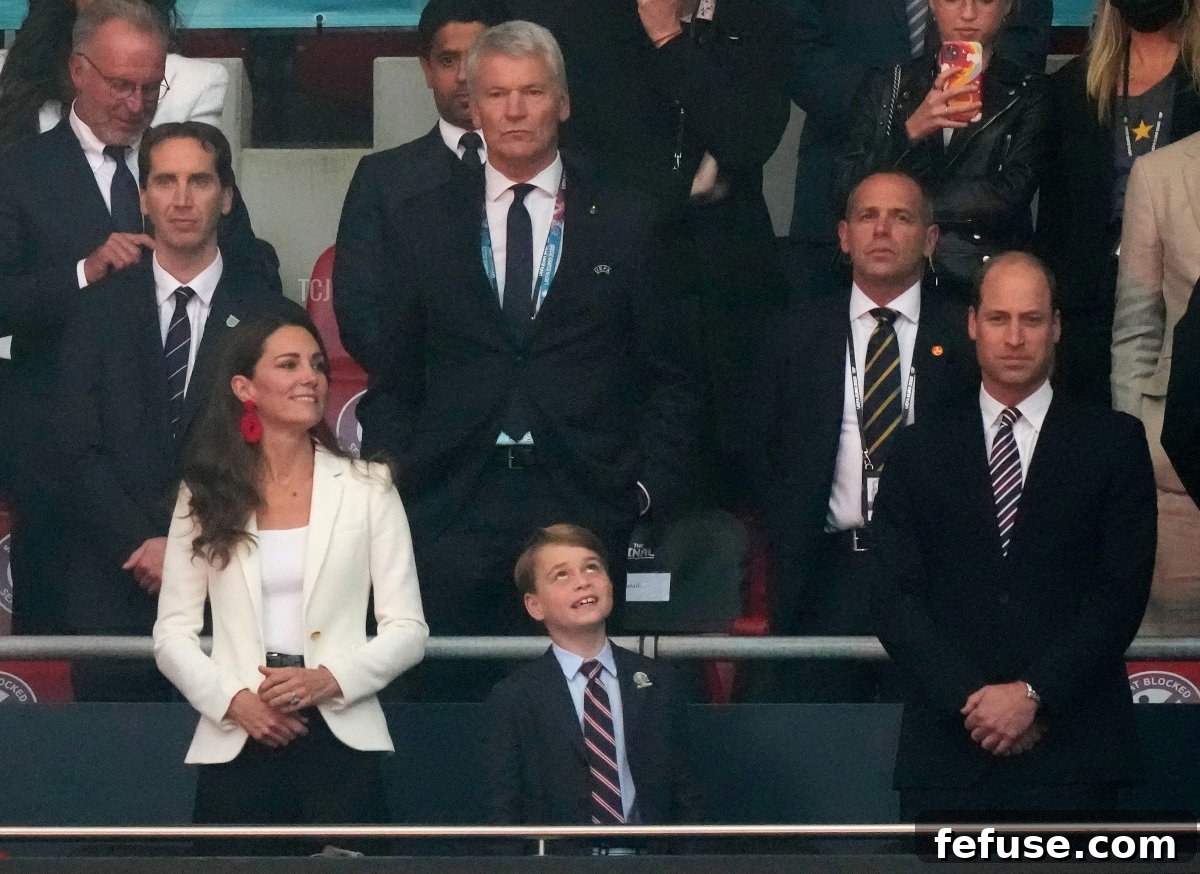 Prince William, President of the Football Association along with Catherine, Duchess of Cambridge look on prior to the UEFA Euro 2020 Championship Final between Italy and England at Wembley Stadium on July 11, 2021 in London, England