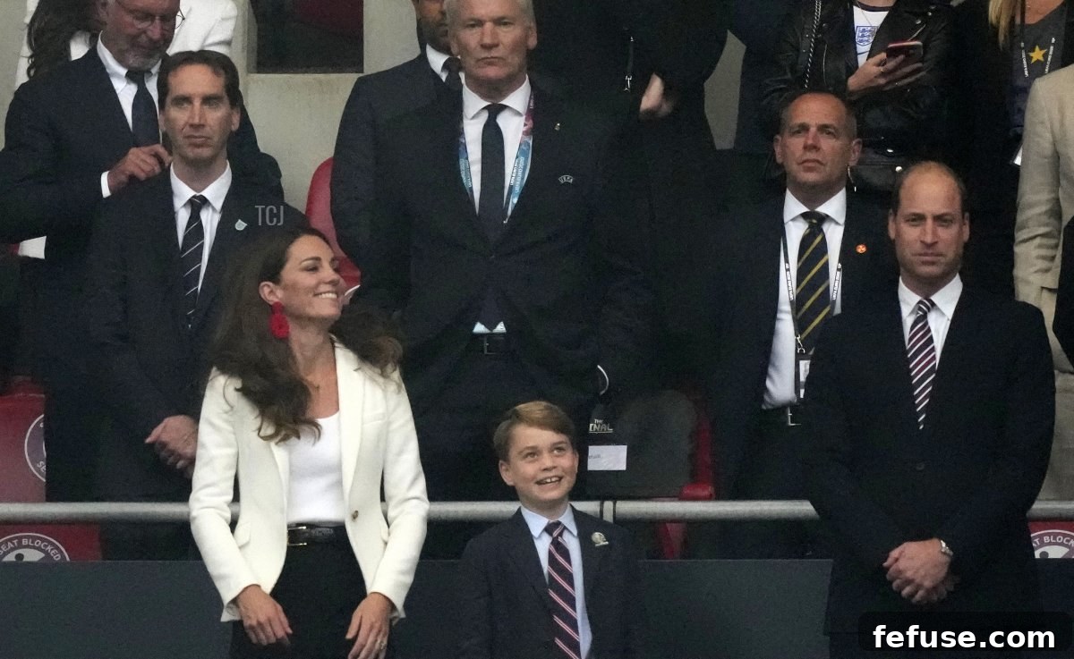 Prince William, President of the Football Association along with Catherine, Duchess of Cambridge look on prior to the UEFA Euro 2020 Championship Final between Italy and England at Wembley Stadium on July 11, 2021 in London, England