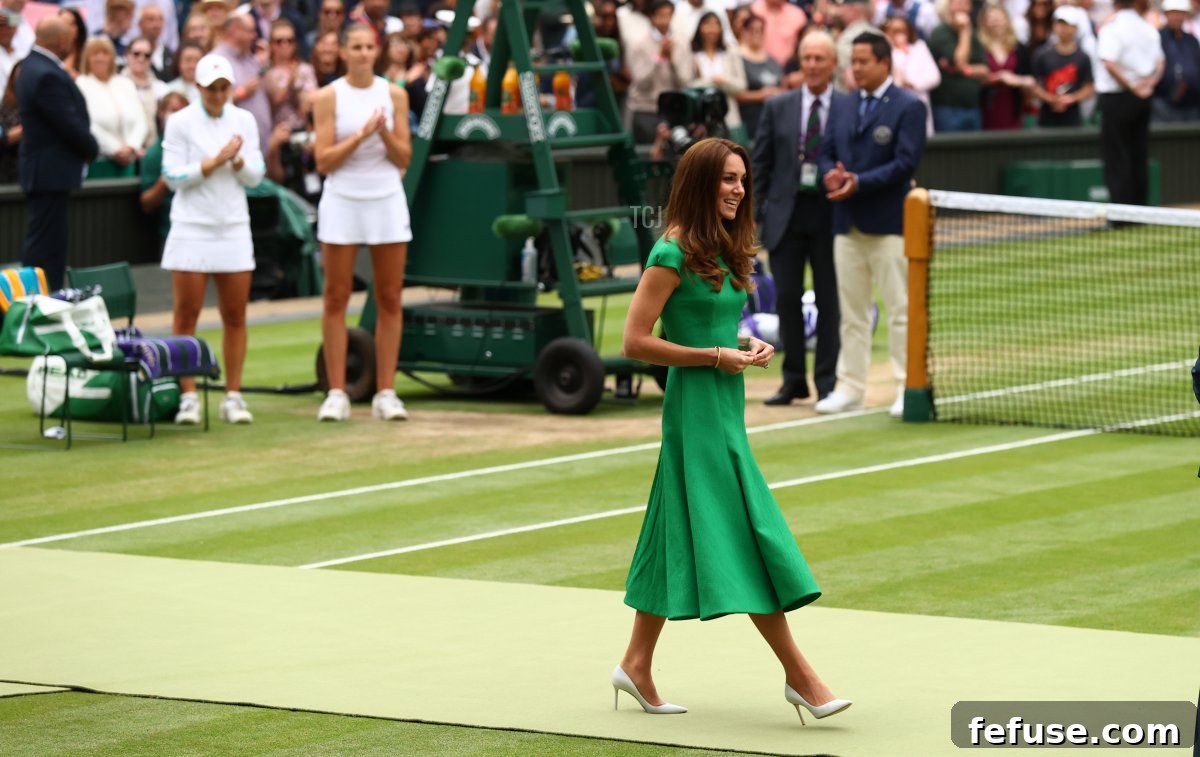 HRH Catherine, The Duchess of Cambridge after the Ladies' Singles Final match between Ashleigh Barty of Australia and Karolina Pliskova of The Czech Republic on Day Twelve of The Championships - Wimbledon 2021 at All England Lawn Tennis and Croquet Club on July 10, 2021 in London, England