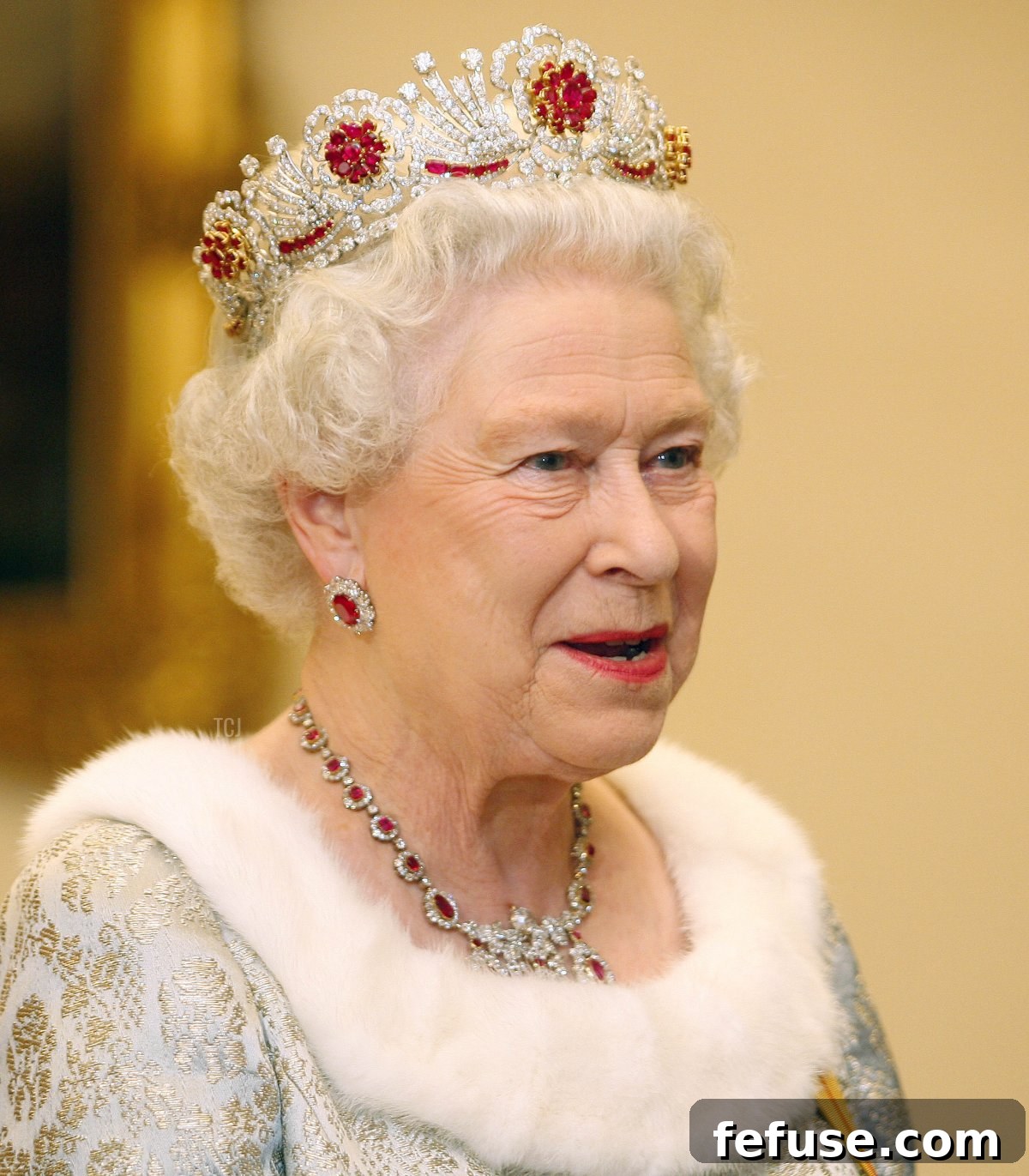 Queen Elizabeth II wears the Baring Ruby Necklace and Burmese Ruby Tiara for a state dinner in Slovenia, October 2008
