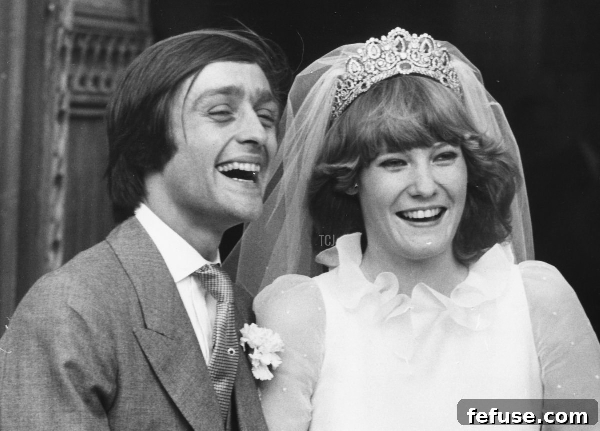 Gerald Grosvenor, 6th Duke of Westminster, and his new wife Natalia Phillips smiling happily on their wedding day outside St Mary's Church, Luton, February 20th 1978