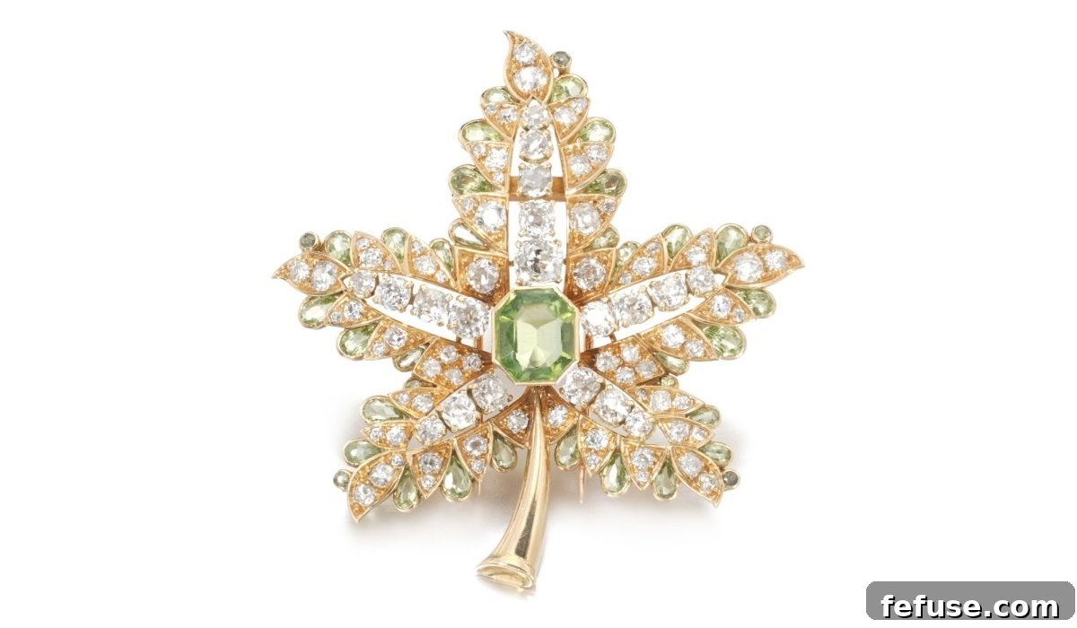 Exceptional Rare Peridot Brooch at Auction 2 René Boivin, Peridot and diamond brooch, a rare vintage jewelry piece