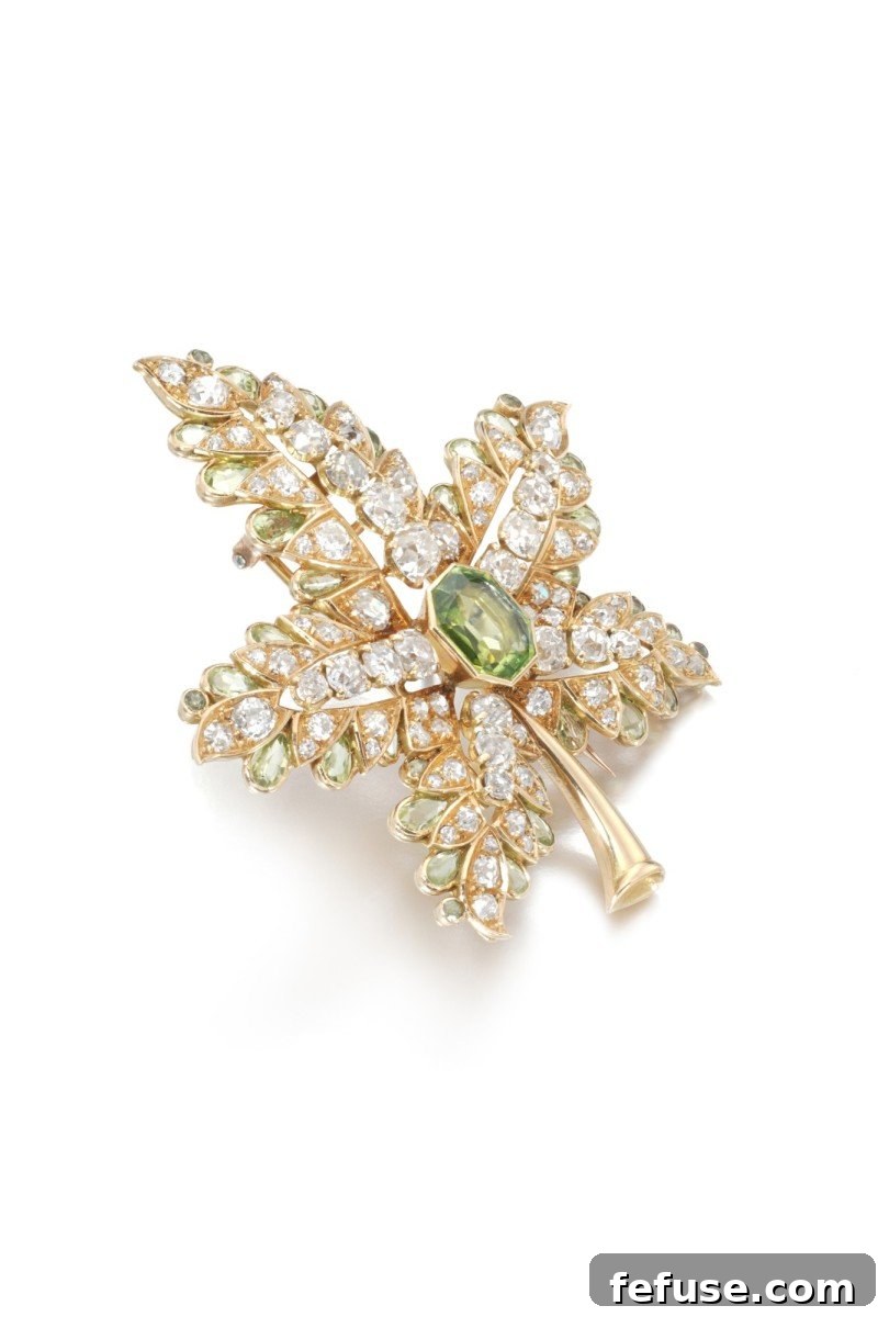 Exceptional Rare Peridot Brooch at Auction 6 René Boivin, Peridot and diamond brooch, auction estimate