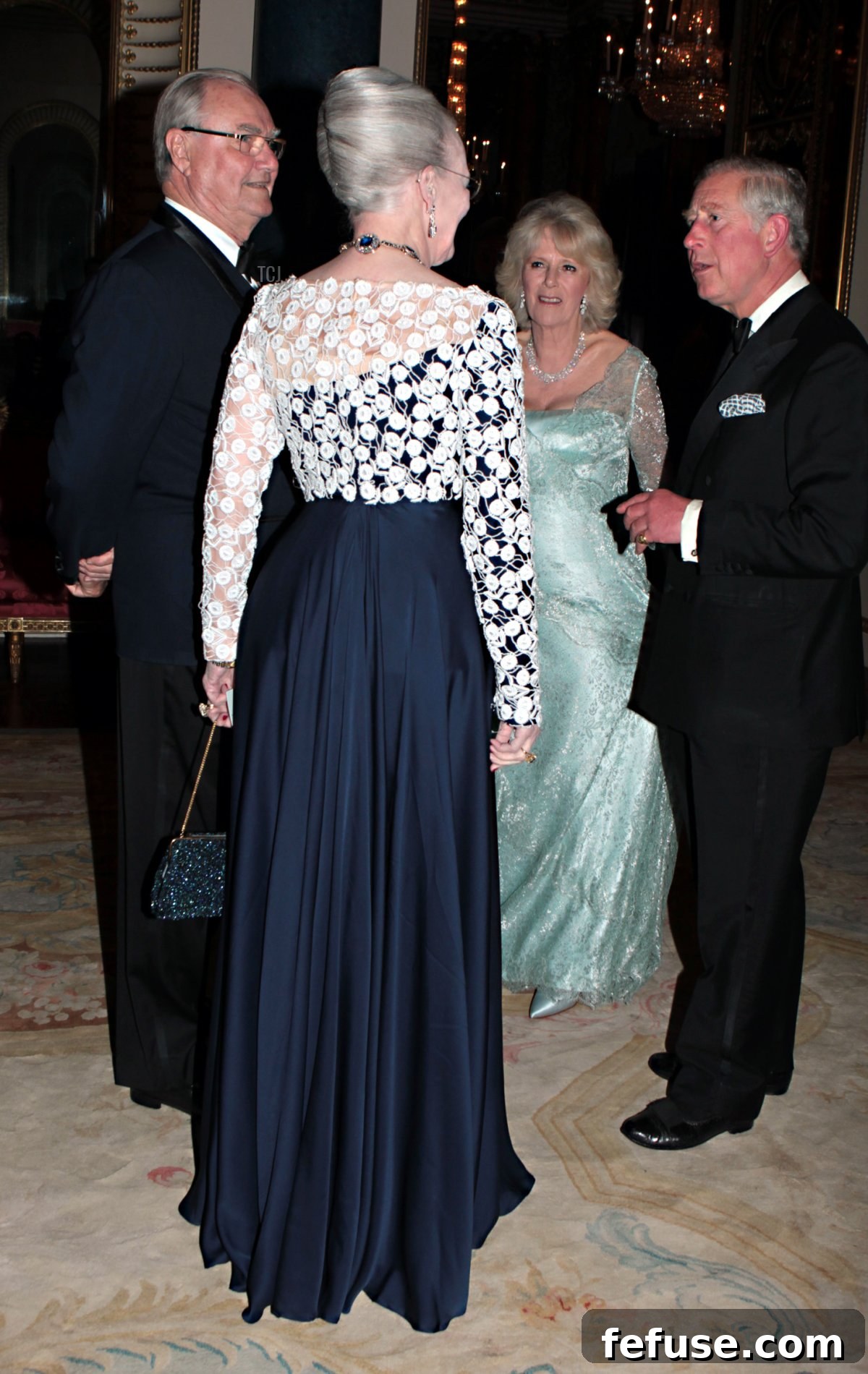 Prince Charles, Prince of Wales and Camilla, Duchess of Cornwall greet Queen Margarethe II of Denmark and Prince Henrik of Denmark as they arrive for a dinner for foreign Sovereigns to commemorate the Diamond Jubilee at Buckingham Palace on May 18, 2012 in London, England