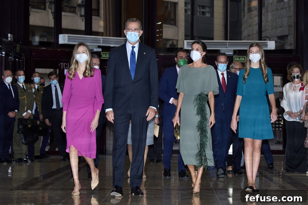 King Felipe VI of Spain, Queen Letizia of Spain, Crown Princess Leonor of Spain (L) and Princess Sofia of Spain (R) attend the 29th Princess of Asturias Awards Concert at Prince Felipe Auditorium during the 'Princess of Asturias Awards 2021' on October 21, 2021 in Oviedo, Spain