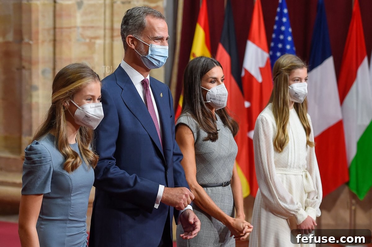 Spanish Crown Princess of Asturias Leonor, Spain's King Felipe VI, Spain's Queen Letizia and Spanish Princess Sofia welcome laureates for an 