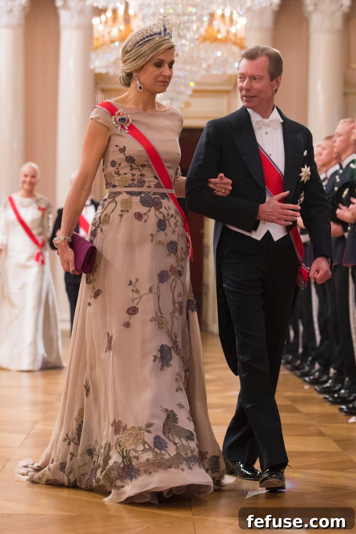 Grand Duke Henri of Luxembourg and Queen Maxima of the Netherlands arrive for a gala dinner at the Royal Palace in Oslo, Norway on May 9, 2017 to mark the 80th Birthday of the King and Queen