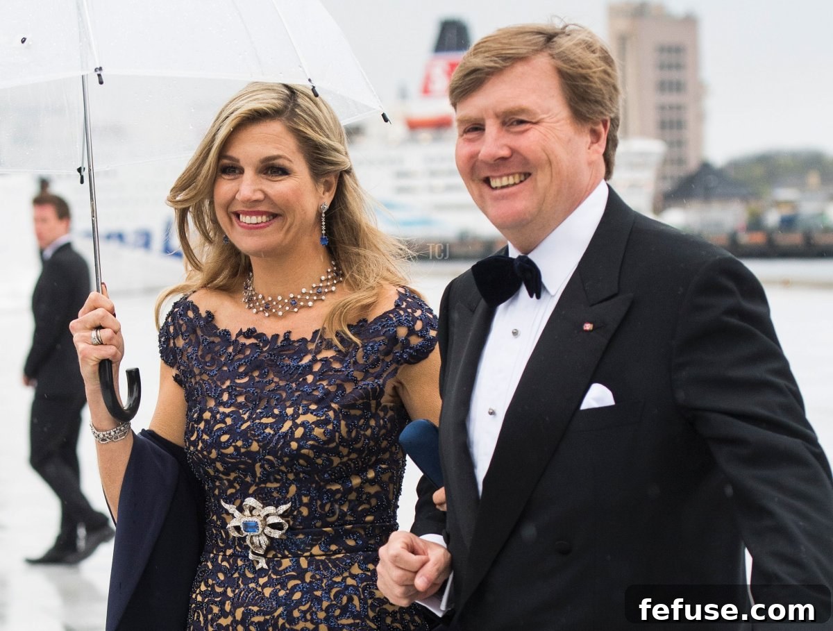 King Willem-Alexander and Queen Maxima of the Netherlands arrive for a gala dinner at the Operahouse in Oslo on May 10, 2017 in celebration of the 80th bithdays of King Harald of Norway and Queen Sonja of Norway