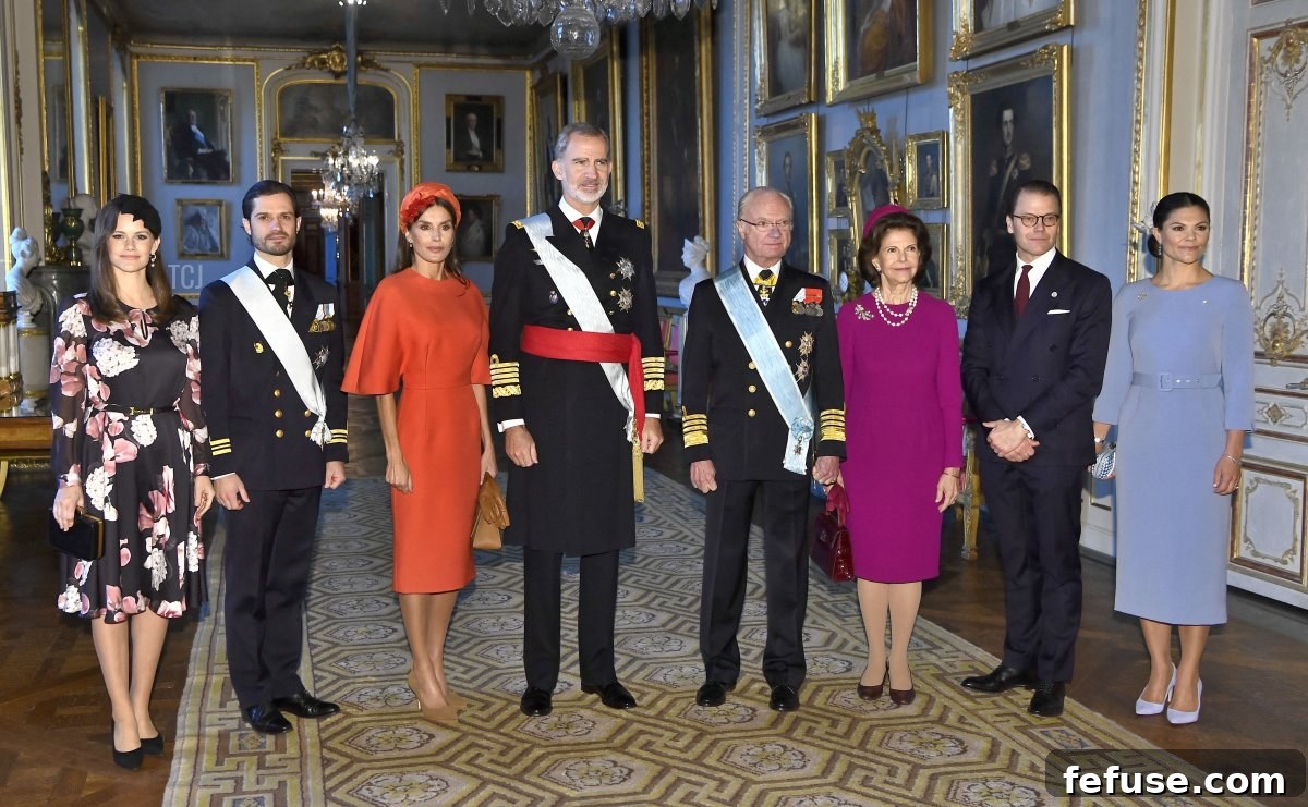 Princess Sofia of Sweden, Prince Carl Philip of Sweden, Queen Letizia of Spain, King Felipe of Spain, King Carl XVI Gustaf of Sweden, Queen Silvia of Sweden, Prince Daniel and Crown Princess Victoria of Sweden pose during an official welcoming ceremony at the Royal Palace in Stockholm, Sweden, on November 24, 2021