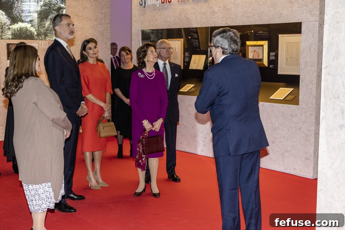 King Felipe VI and Queen Letizia of Spain visit the Nobel Museum and the special exhibition on Santiago Ramon y Cajal accompanied by King Carl XVI Gustaf and Queen Silvia of Sweden on November 24, 2021 in Stockholm, Sweden