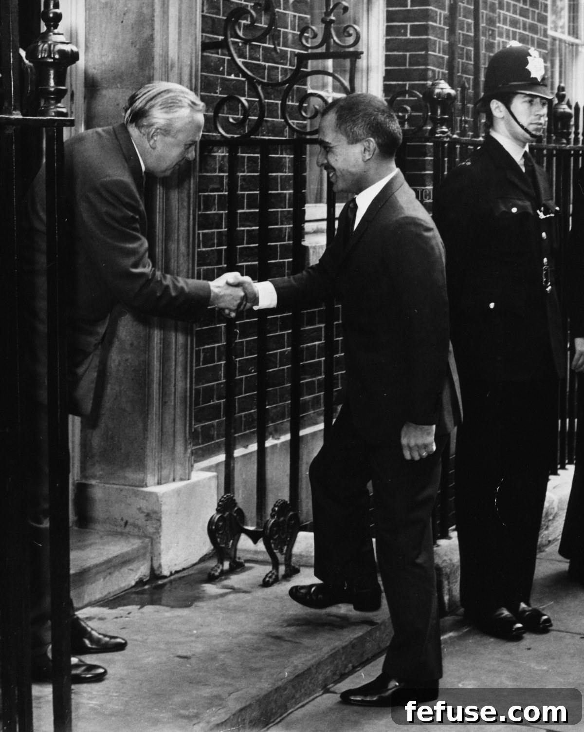 British Prime Minister Harold Wilson (left) shaking hands with King Hussein of Jordan, outside 10 Downing Street, London, July 22nd 1966