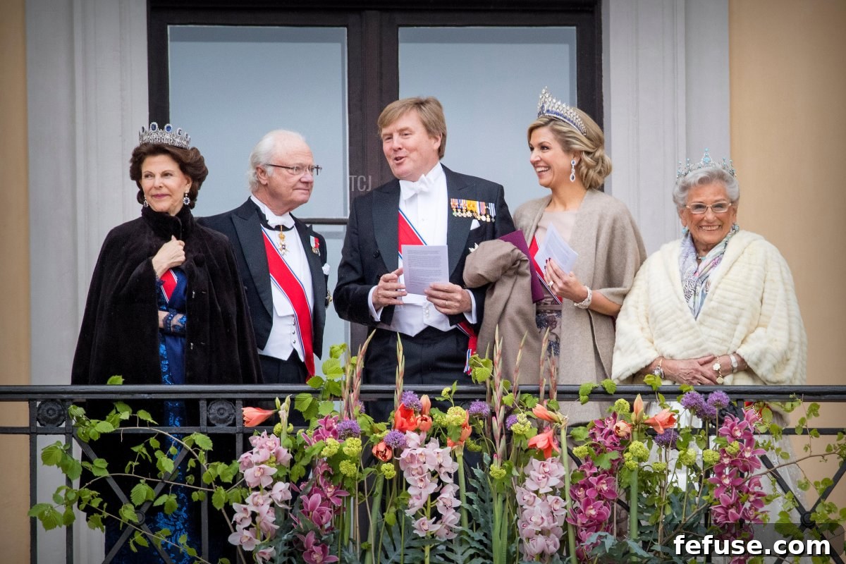 King Carl Gustaf, Queen Silvia of Sweden, King Willem-Alexander, Queen Maxima, Princess Mabel and Prince Constantijn of The Netherlands, Princess Astrid of Norway attend the 80th birthday celebrations of King Harald and Queen Sonja of Norway at the Royal Palace in Oslo, Norway, 9 May 2017