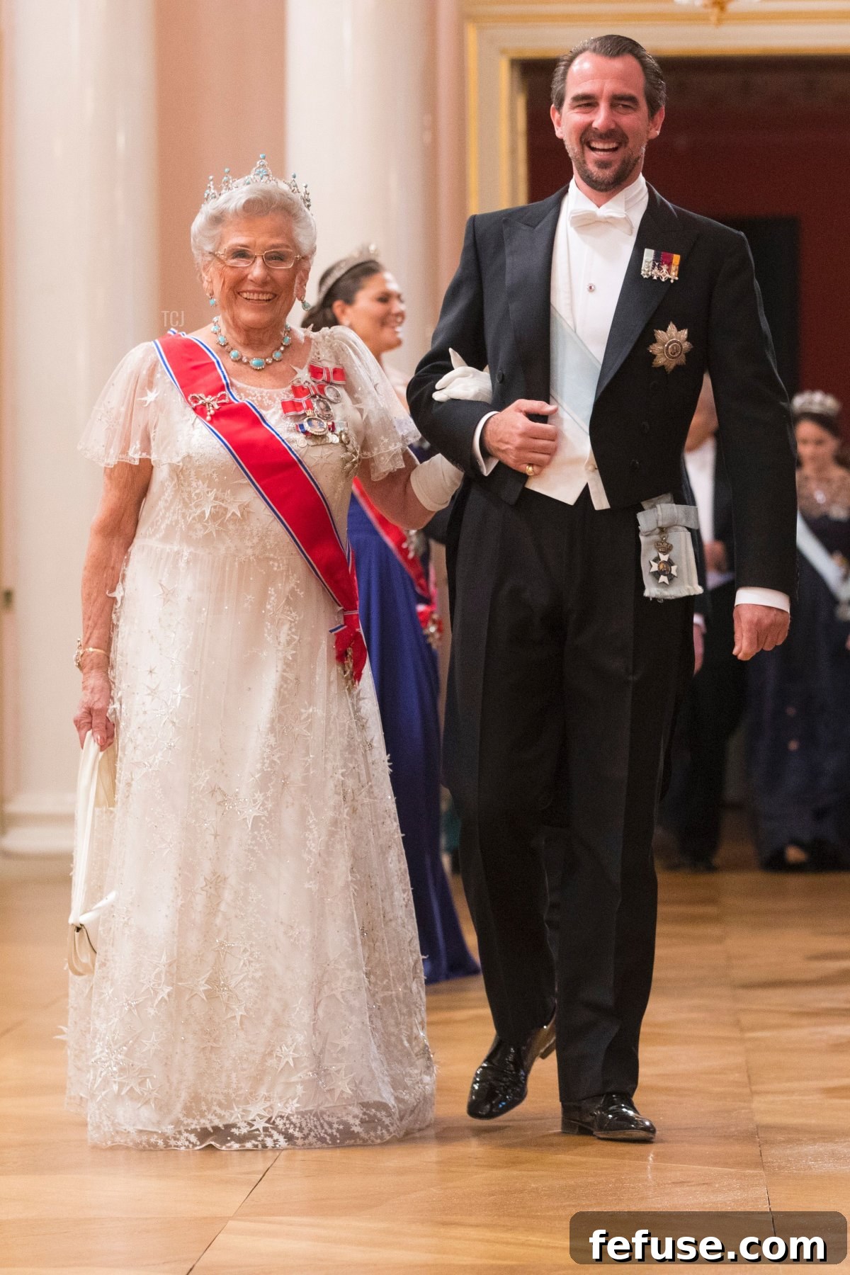 Prince Nikolaos of Greece and Princess Astrid of Norway arrive for a gala dinner at the Royal Palace in Oslo, Norway on May 9, 2017 to mark the 80th Birthday of the King and Queen