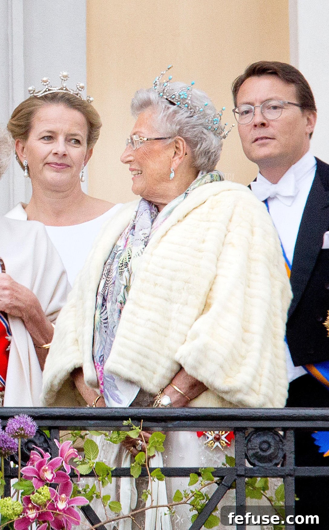 King Willem-Alexander, Queen Máxima, Princess Beatrix, Prince Constantijn and Princess Mabel of The Netherlands and Princess Astrid of Norway at the balcony of the Royal Palace in Oslo, on May 9, 2017, in occasion of the celebration of King Harald and Queen Sonja's 80th birthday
