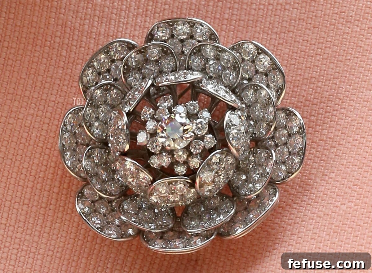 A brooch, detail, worn by Queen Elizabeth II as she arrives at Paddington Station with Prince Philip, Duke of Edinburgh as they mark the 175th anniversary of the first train journey by a British Monarch on June 13, 2017 in London, United Kingdom