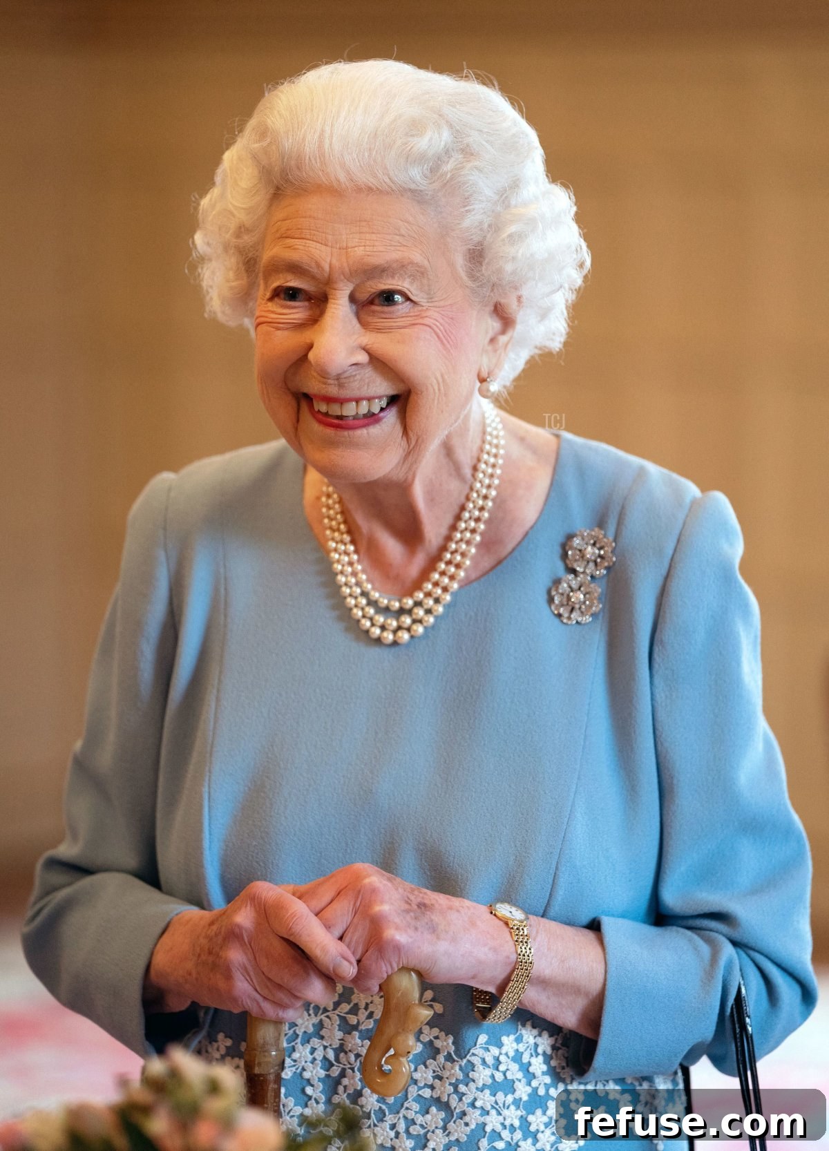 Britain's Queen Elizabeth II smiles during a reception in the Ballroom of Sandringham House, the Queen's Norfolk residence on February 5, 2022, as she celebrates the start of the Platinum Jubilee