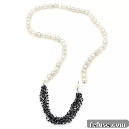 Statement 24-inch pearl necklace with black and colorless diamonds in 18k white gold by Rina Limor