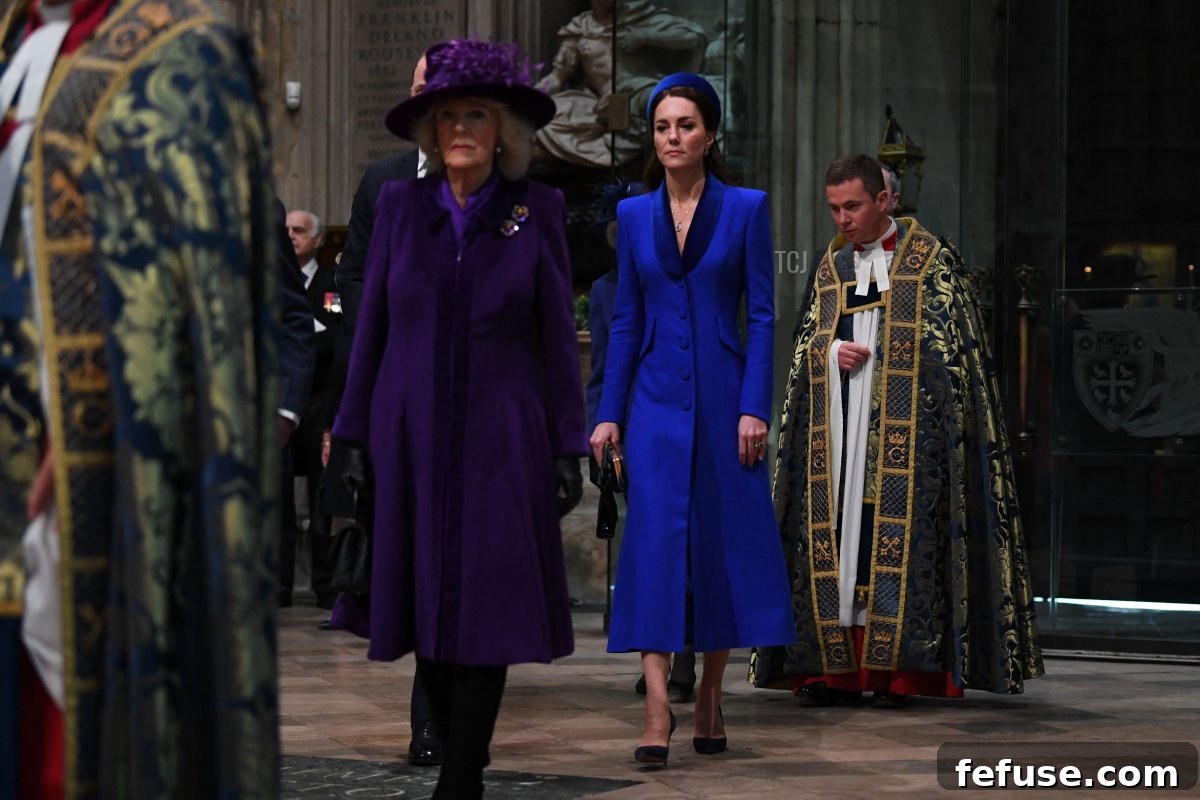 Britain's Camilla, Duchess of Cornwall (front) followed by Britain's Catherine, Duchess of Cambridge, arrive to attend the Commonwealth Day service ceremony at Westminster Abbey, in London, on March 14, 2022