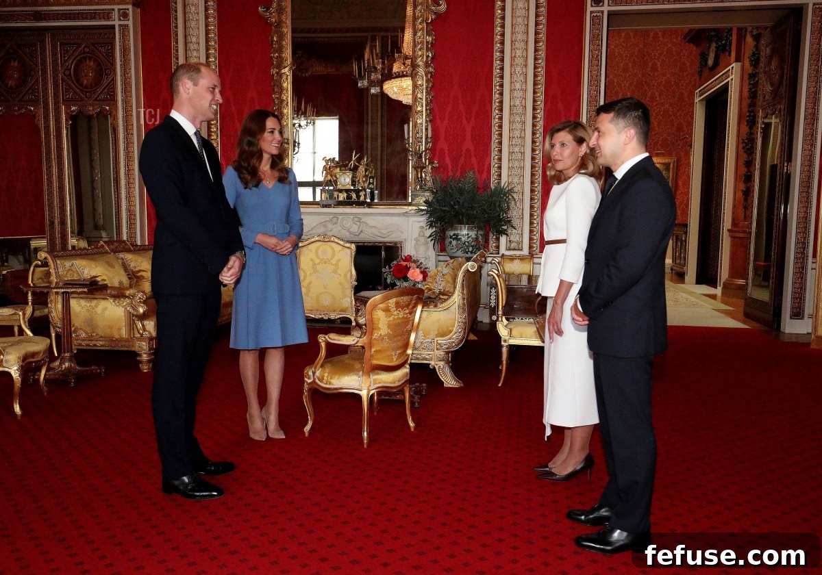 Prince William, Duke of Cambridge and Catherine, Duchess of of Cambridge meet Ukraine's President Volodymyr Zelensky and his wife Olena during an audience at Buckingham Palace on October 7, 2020 in London, England
