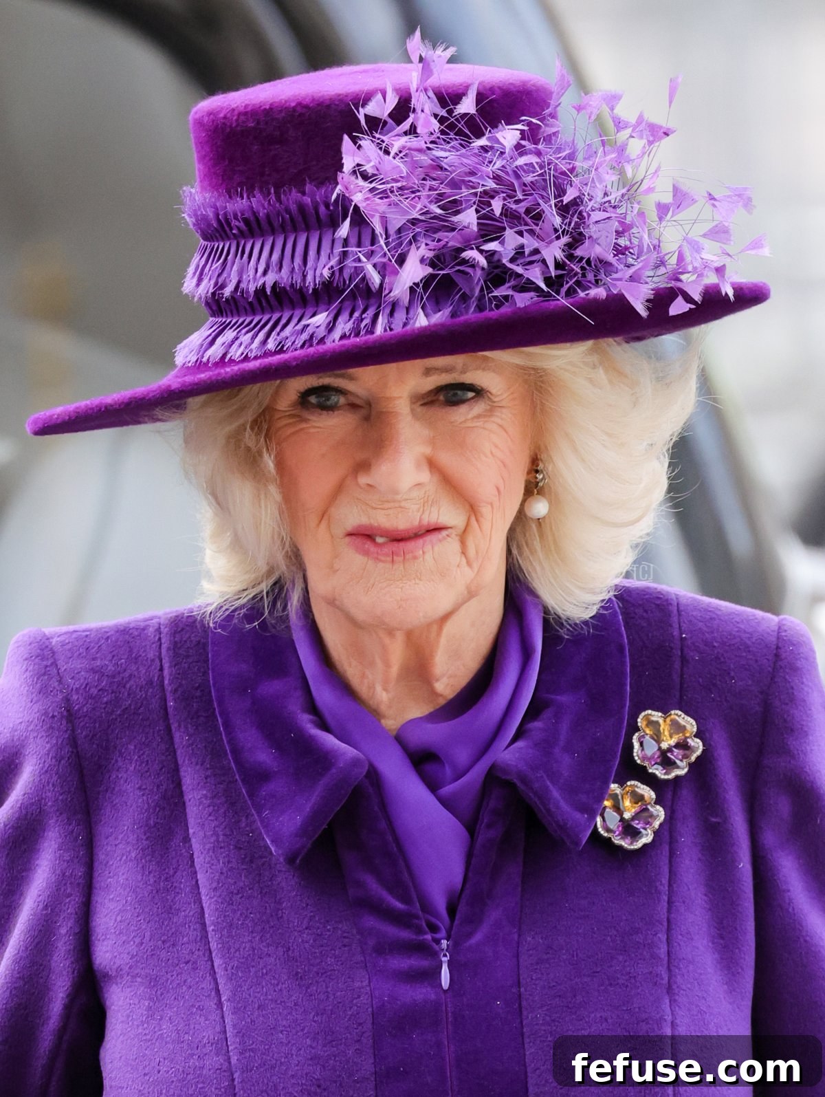 Camilla, Duchess of Cornwall arrives at Westminster Abbey for The Commonwealth Day Service on March 14, 2022 in London, England