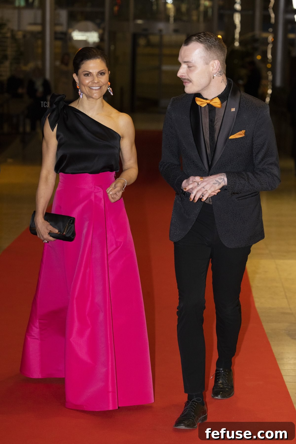 Crown Princess Victoria of Sweden arrives at the Swedish National Union of Students 100th Anniversary and is greeted by union vice-president Oskar M. Wiik at the Clarion Hotel on March 19, 2022 in Stockholm, Sweden