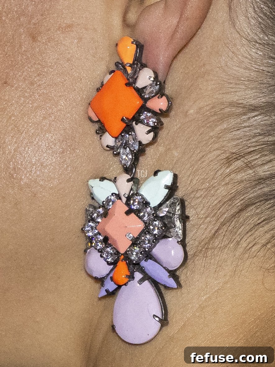 Detail of earrings worn by Crown Princess Victoria of Sweden while attending the Swedish National Union of Students 100th Anniversary at the Clarion Hotel on March 19, 2022 in Stockholm, Sweden