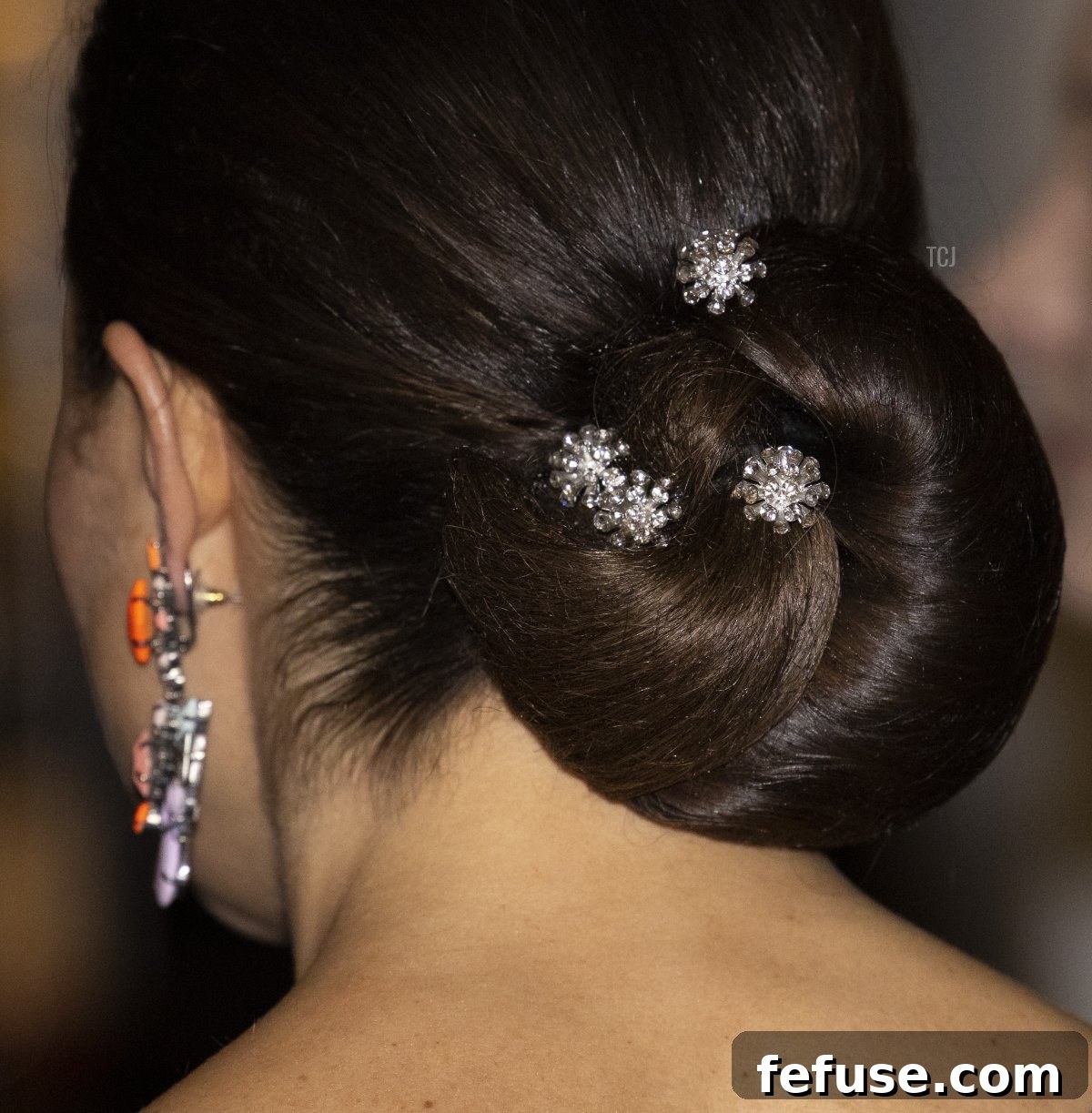 Detail of hairpin worn by Crown Princess Victoria of Sweden while attending the Swedish National Union of Students 100th Anniversary at the Clarion Hotel on March 19, 2022 in Stockholm, Sweden