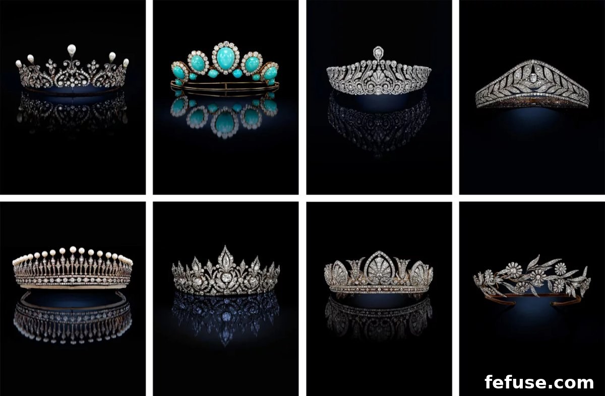 A curated display of historical tiaras exhibited at Sotheby's in 2022