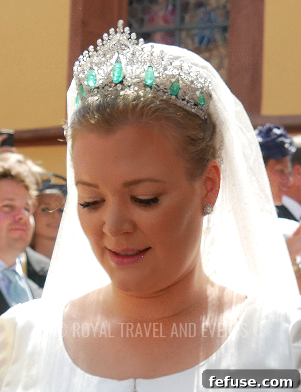 Germany's Princely Emerald Bridal Crown 7 Princess Sophie zu Löwenstein-Wertheim-Freudenberg wearing the family emerald and diamond tiara on her wedding day in 2017, demonstrating the heirloom's tradition.