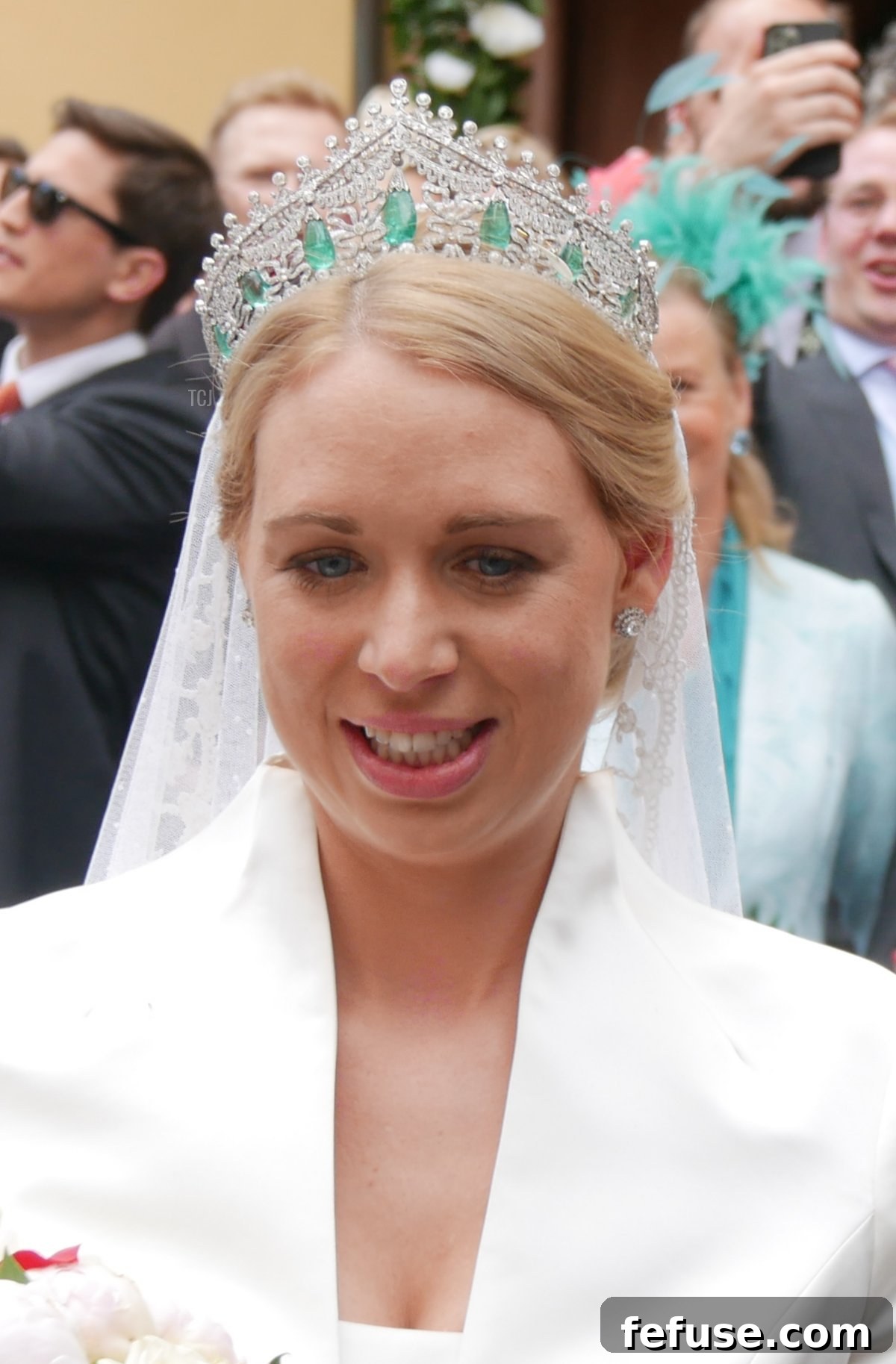 Germany's Princely Emerald Bridal Crown 8 Another beautiful perspective of Princess Amelie zu Löwenstein-Wertheim-Freudenberg wearing the family emerald tiara during her wedding ceremony.