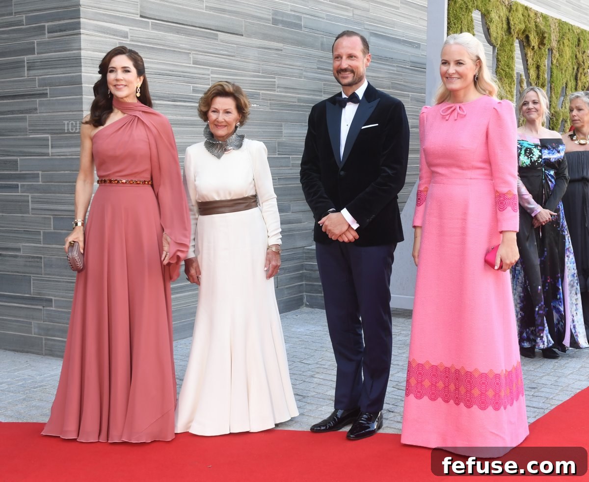 Crown Princess Mary, Queen Sonja, Crown Prince Haakon and Crown Princess Mette-Marit attend an official dinner in conjunction with the opening of the new National Museum on June 10, 2022 in Oslo, Norway