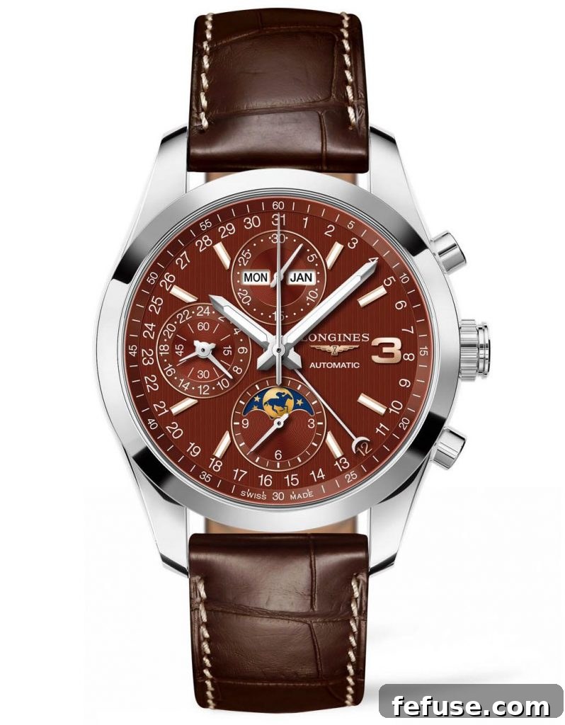 Longines Triple Crown Conquest Classic Watch, reflecting American Pharoah's legacy with a brown alligator strap and specific markers.