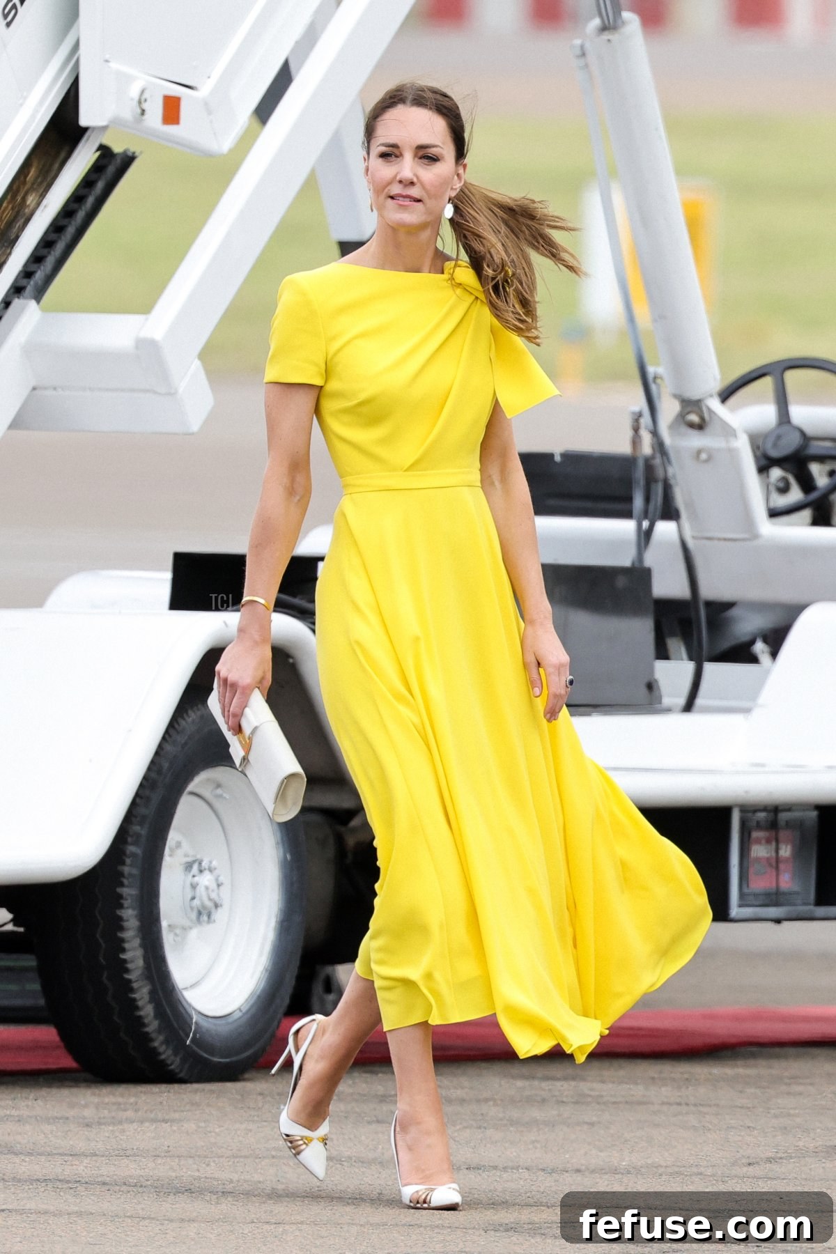 Catherine, Duchess of Cambridge during the official arrival at Norman Manley International Airport on March 22, 2022 in Kingston, Jamaica