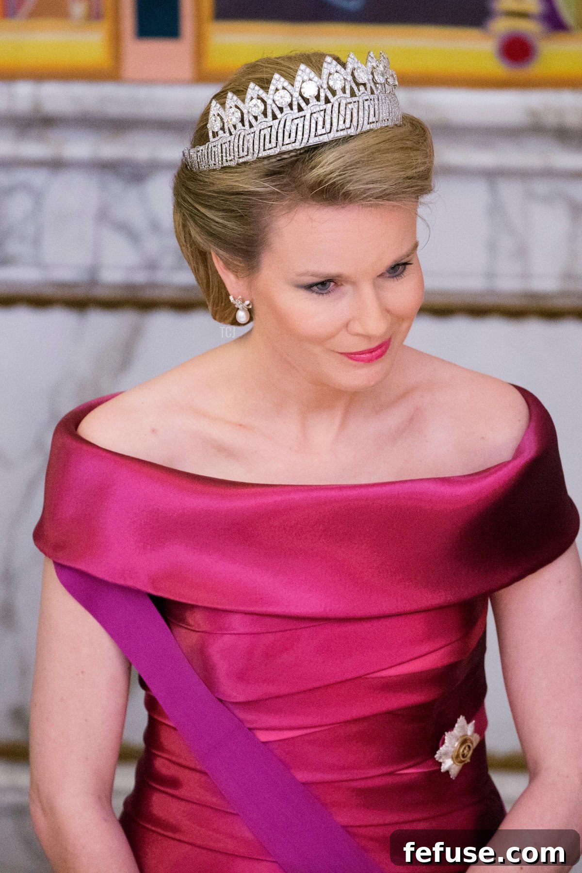 Queen Mathilde of Belgium attends the gala dinner for the Danish Queen Margrethe's 75th birthday at Christiansborg Palace in Copenhagen, Denmark, 15 April 2015