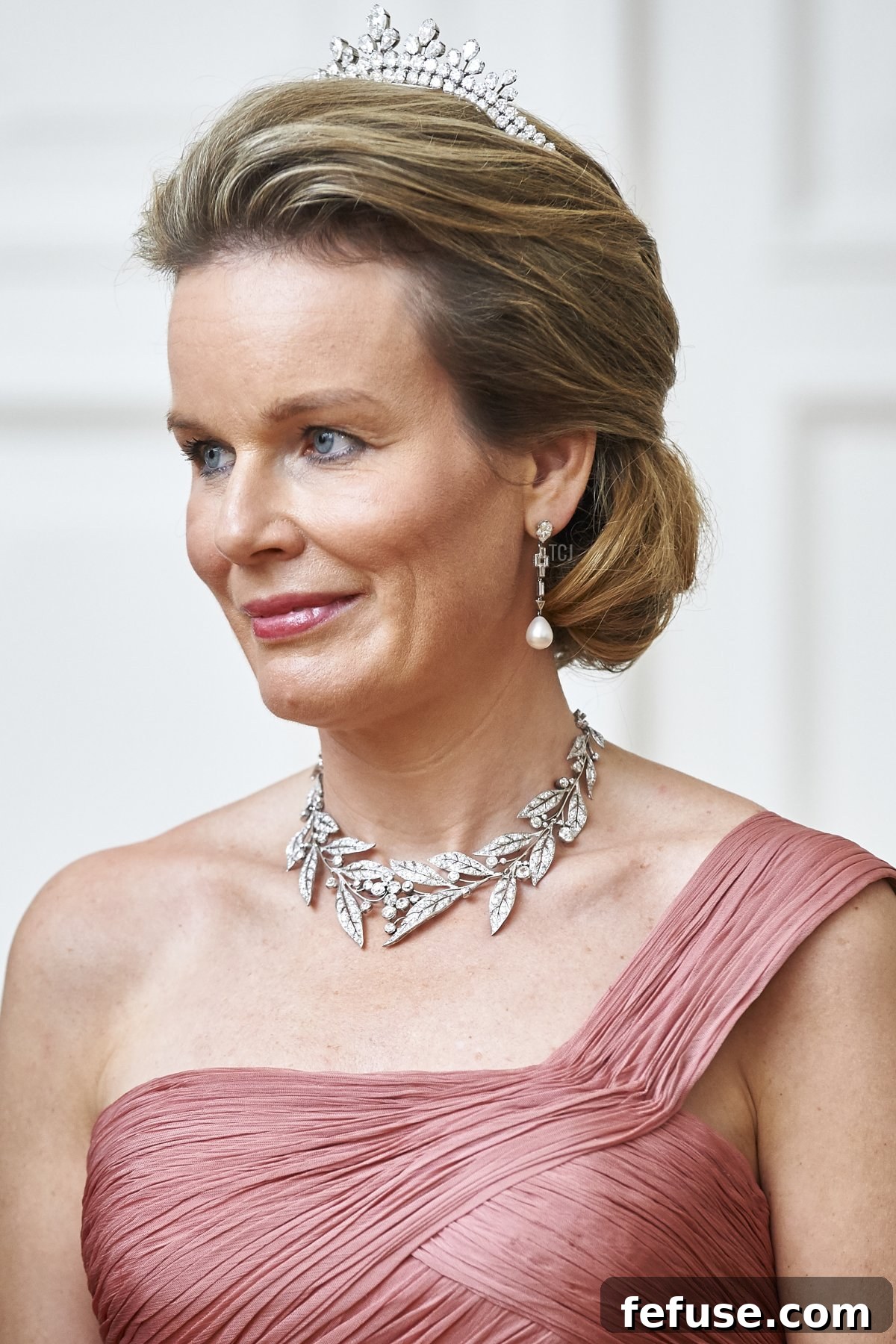 Queen Mathilde of Belgium smiles while official dinner at Presidential Palace as part of official Royal visit in Poland on October 13, 2015 in Warsaw, Poland