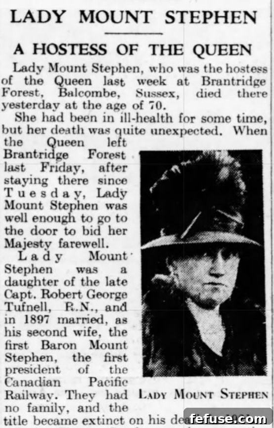 Lady Mount Stephen's Obituary, 1933