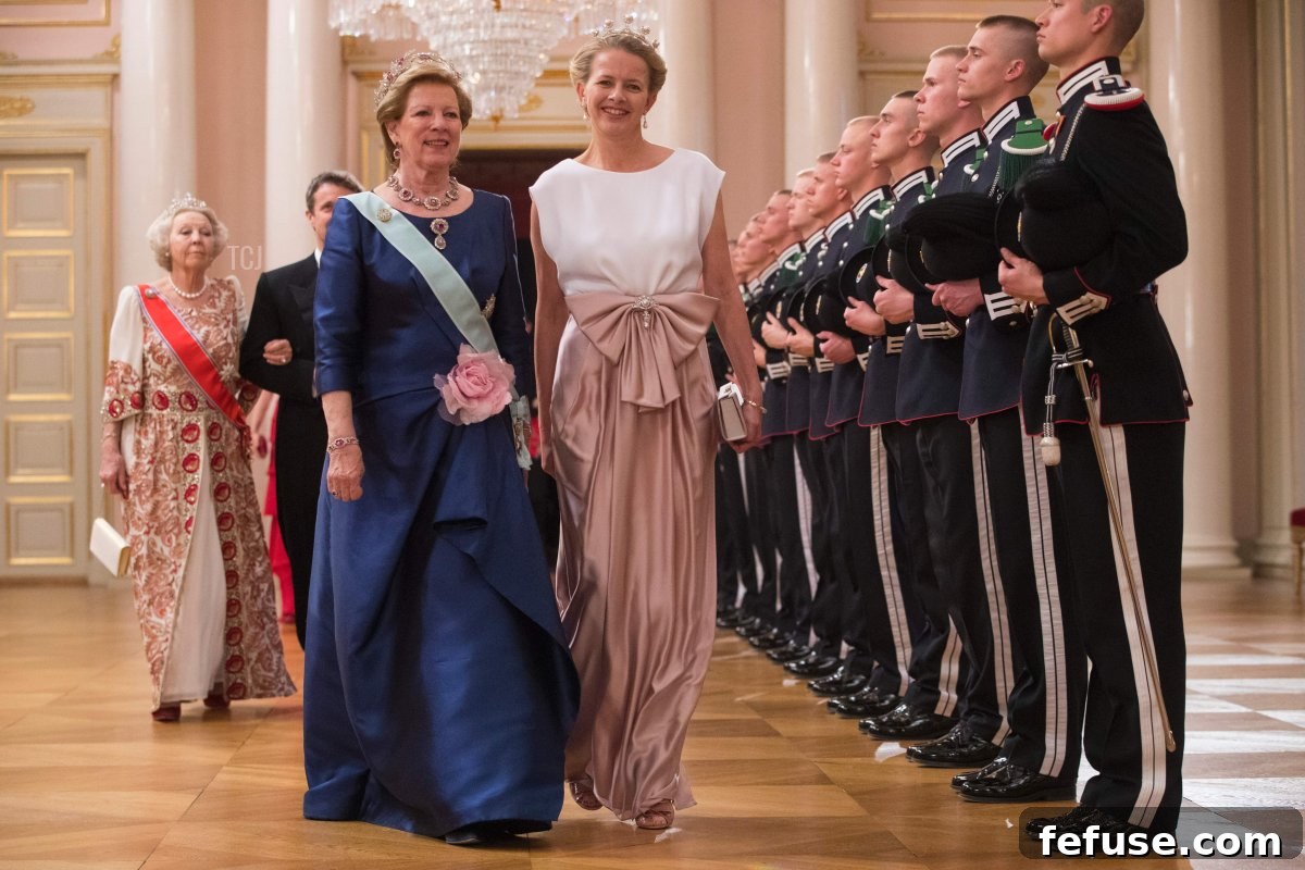 Queen Anne-Marie of Greece and princess Mabel of Oranje-Nassau from the Netherlands arrive for a gala dinner at the Royal Palace in Oslo, Norway on May 9, 2017 to mark the 80th Birthday of the King and Queen