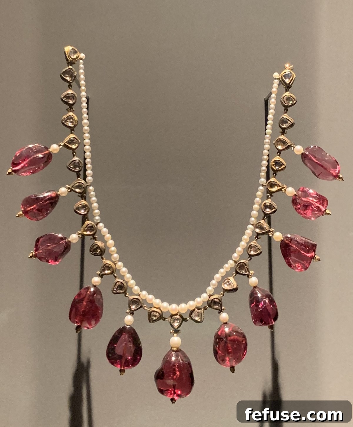 Historic 17th-century Indian royal necklace adorned with lustrous pearls, brilliant diamonds, and vibrant spinels