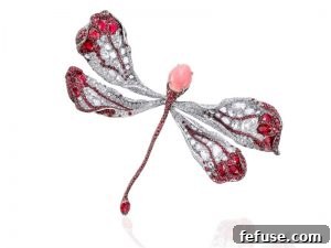 Dragonfly brooch in 18-karat white gold adorned with a conch pearl focal gem, rubies and diamonds