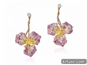Rose earrings in 18-karat rose and yellow gold, and lacquer adorned with heart-shaped fancy vivid yellow diamonds, diamonds, pink sapphires and rhodolites