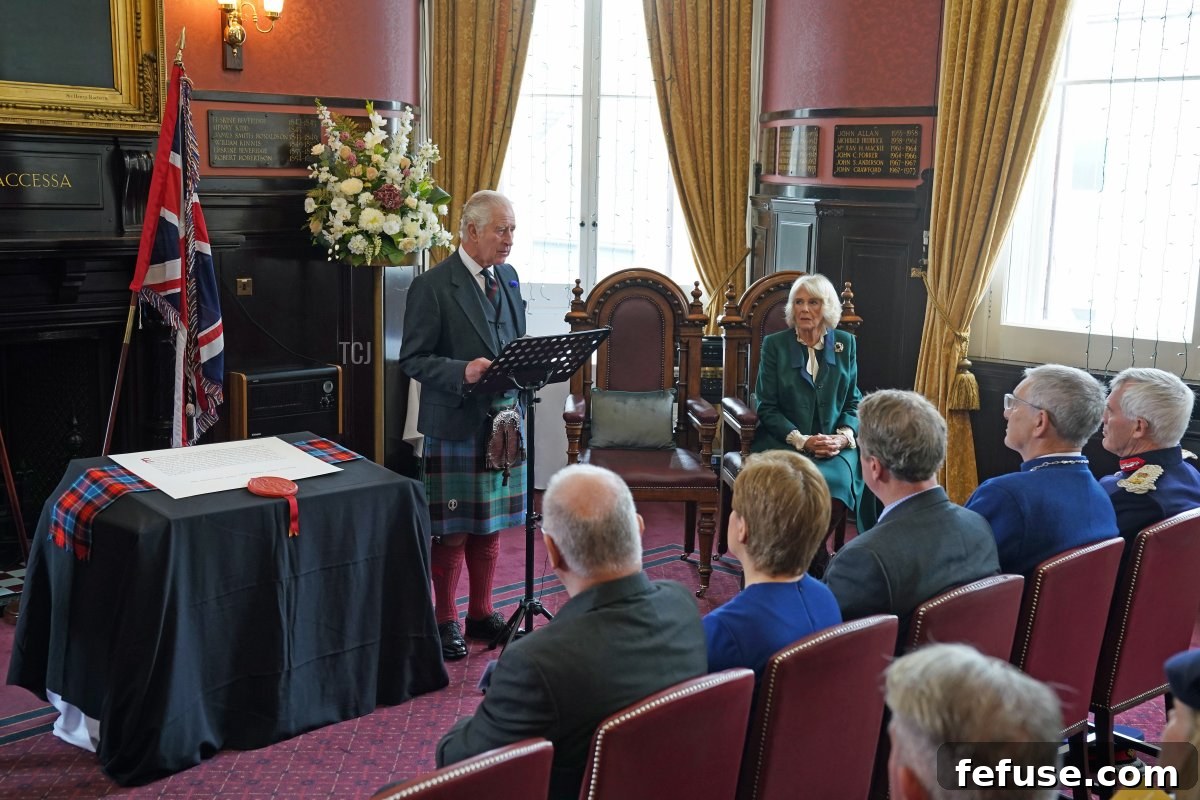 King Charles III and the Camilla, Queen Consort attend an official council meeting at the City Chambers in Dunfermline, Fife, to formally mark the conferral of city status on the former town, ahead of a visit to Dunfermline Abbey to mark its 950th anniversary on October 3, 2022 in Fife, Scotland