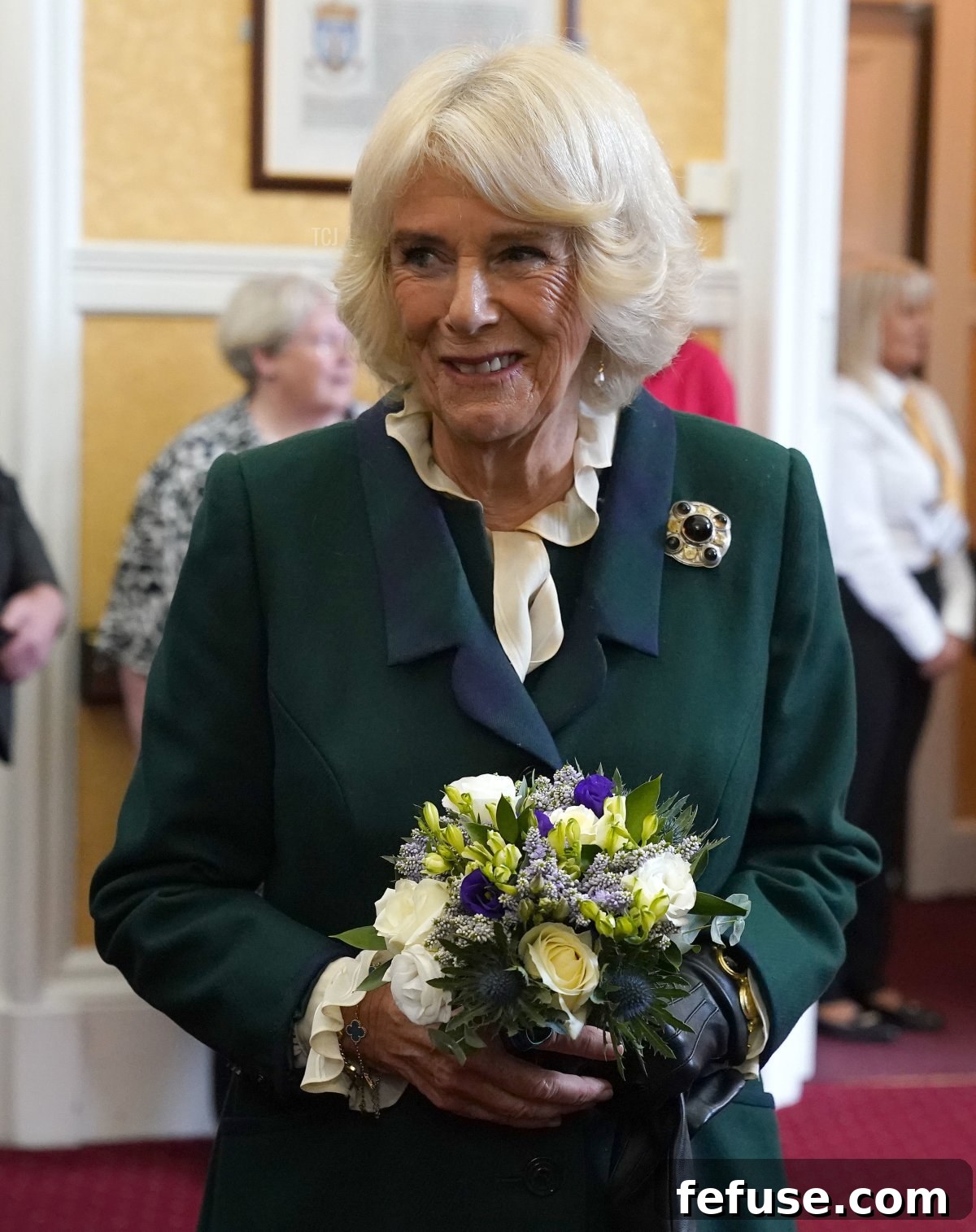 Camilla, Queen Consort, attends an official council meeting at the City Chambers in Dunfermline, Fife, to formally mark the conferral of city status on the former town on October 3, 2022 in Dunfermline, Scotland