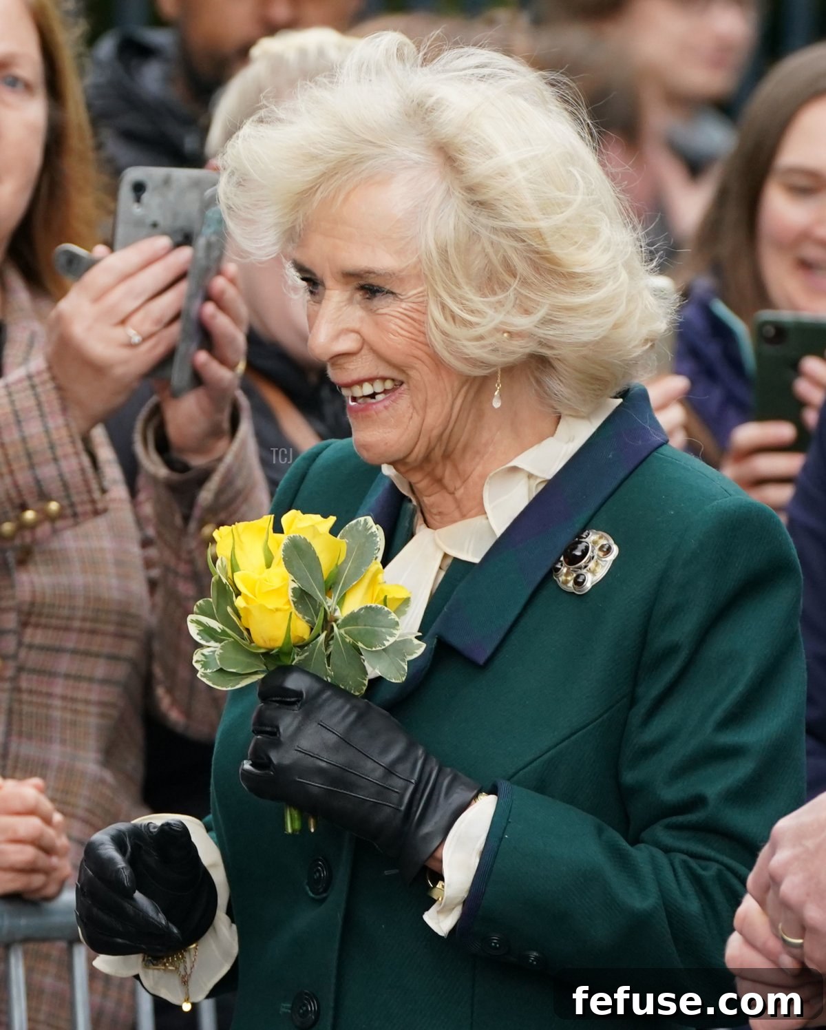 Camilla, Queen Consort, greets members of the public after an official council meeting at the City Chambers in Dunfermline, Fife, to formally mark the conferral of city status on the former town on October 3, 2022 in Dunfermline, Scotland