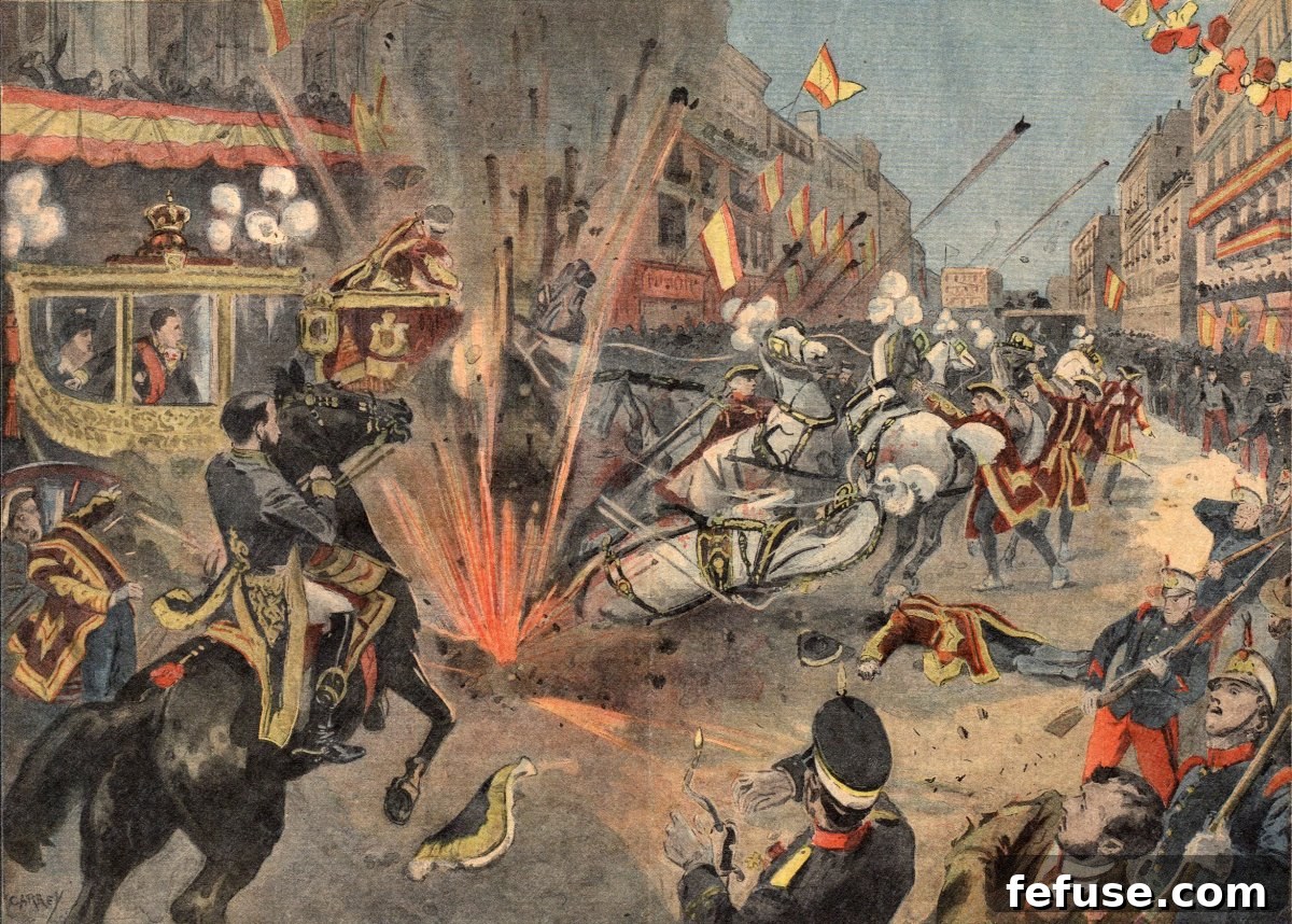 Illustration from the French newspaper Le Petit Parisien of an anarchist attack on the King and Queen of Spain, 1906 (Wikimedia Commons)
