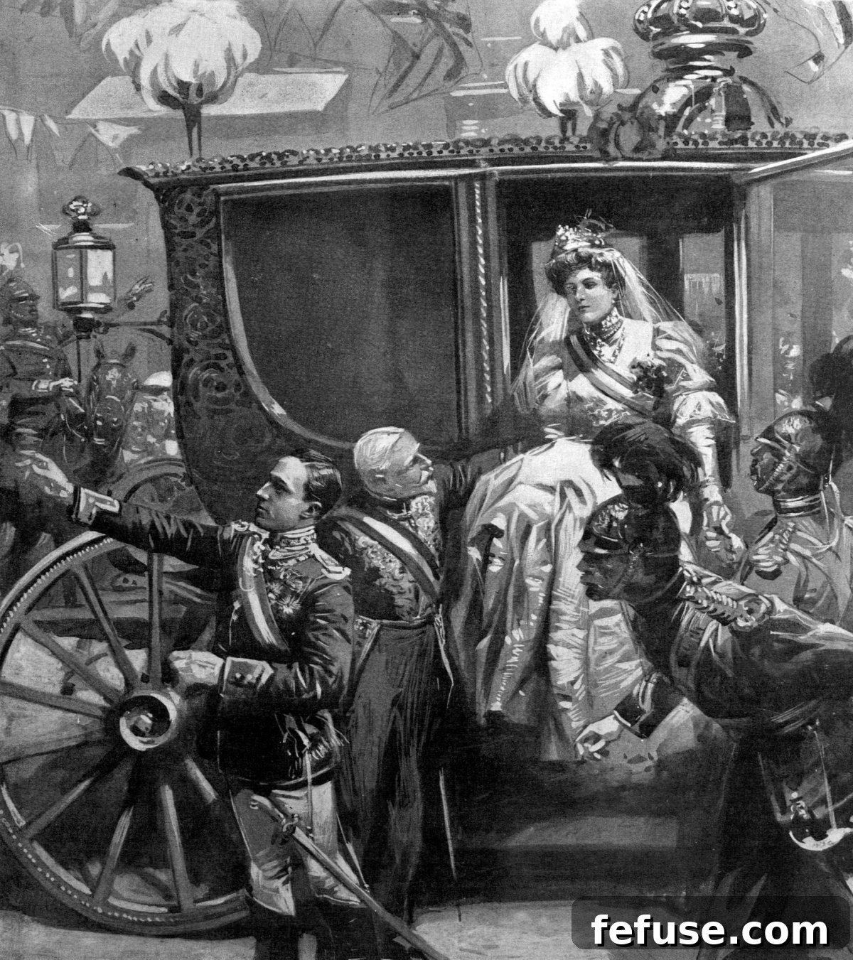 Britain's Aid to the British Queen of Spain in Peril: The British Ambassador and Officers of the 16th Lancers Helping Her Majesty to Alight after the Bomb Explosion, Illustrated London News, 1906 (Wikimedia Commons)