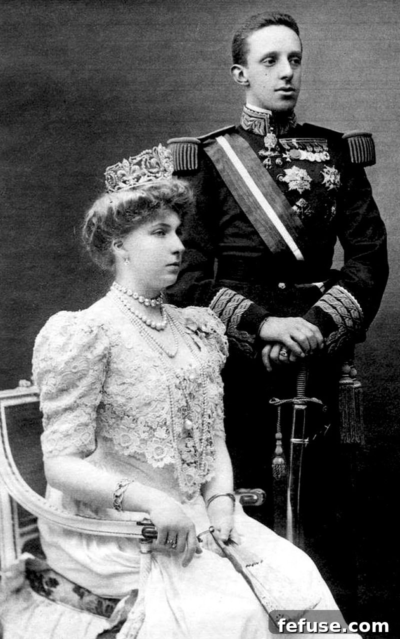Ena and Alfonso look solemn in a portrait taken shortly after their wedding, 1906 (Grand Ladies Site)