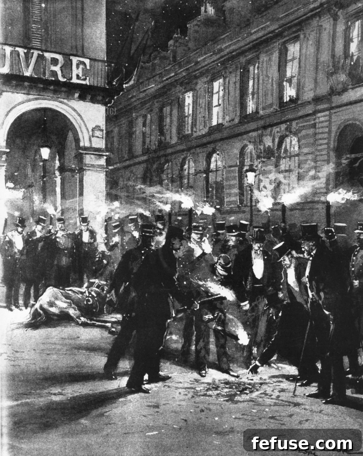 The scene of the explosion following the attempt to assassinate the Spanish King Alfonso XIII, as he was leaving the Paris Opera