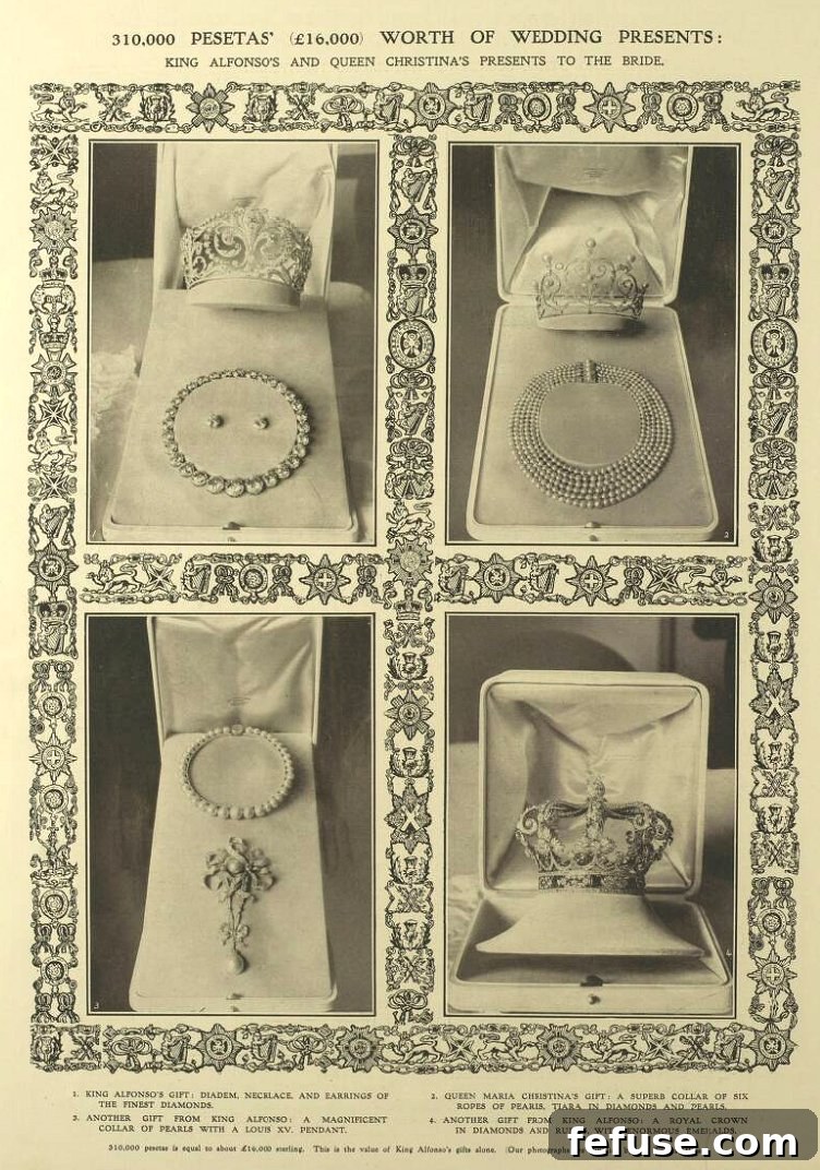 Queen Ena's bejeweled wedding presents from King Alfonso XIII and from Queen Maria Cristina, showcased in the Illustrated London News, June 1906